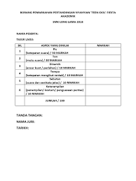 Mungkin bisa jadi refrensi anda dalam contoh halaman persembahan via : Borang Pemarkahan Pertandingan Nyanyian