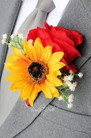 Davids Bridal Red Rose And Sunflower Mens Lapel Boutonniere Buttonhole With Babies Breath Sunflower Themed Wedding Red Rose Wedding Red Roses And Sunflowers