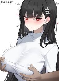 red eyes, see-through cleavage, shirt, taut clothes, nipple rub - Anime R34