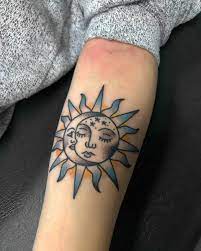 A Sun And Moon Displayed In Classic American Traditional Work Tattoos Tattooart In 2021 Traditional Sun Tattoo Traditional Tattoo Moon American Traditional Tattoo