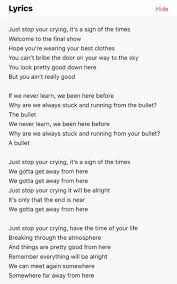 Just Stop Your Crying It S A Sign Of The Times Meme Harry Styles Sign Of The Times Style Lyrics One Direction Lyrics Lyrics