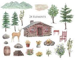 Watercolor Clipart Log Cabin Mountains Deer Pine Trees Watercolor Background Cabin Logcabin M Watercolor Mountains Watercolor Clipart Watercolor Images