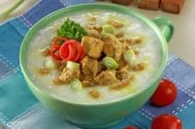 A popular version is bubur ayam, which is rice congee with shredded chicken meat. Bubur Ayam Tuna Kari Sajian Sedap