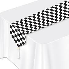 Black And White Checkered Tablecloth Plastic Black And White Checker Laminated Paper Table Runner In 2020 Paper Table Runner Paper Table Table Runners