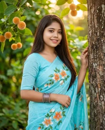 Hand-Painted Floral Saree & Tree Trunk Portrait