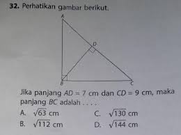 We did not find results for: 32 Perhatikan Gambar Berikut Jika Panjang Ad 7 Cm Dan Cd 9 Cm Makapanjang Bc Adalah A V63 Brainly Co Id