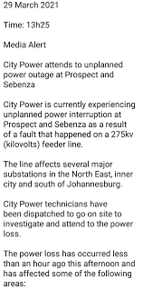 #city_power reference cp2325324 problem still persist, please help,fridge contents rotting, 4th day without electricity. Citypowerjhb On Twitter Update Joburgservice Media Alert City Power Attends To Unplanned Power Outage At Prospect And Sebenza City Power Is Currently Experiencing Unplanned Power Interruption At Prospect And Sebenza As A