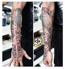 Tấm hình xăm dán tattoo kín tay 17x48cm cá chép xanh, đỏ và rồng vàng (mua 2 . Hinh XÄƒm Ca Chep Mau Xanh La Cay Hinh Xam Ca Chep Mau Xanh La Cay