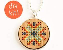 Cross Stitch Jewelry Kit Hand Stitched Wood Pendant In Silver Frame Diy Kit Cross Stitch Necklace Stitch Jewelry Diy Cross Stitch