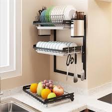 Table top plate racks, stands and holders. Hanging Dish Drying Rack Wall Mount 3 Tier Kitchen Plate Bowl Spice Organizer Storage Shelf Holder With Drain Tray Over The Sink With 3 Hooks Stainless Steel Black Coating Lazada Ph