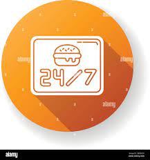 24 7 Open Burger Joint Orange Flat Design Long Shadow Glyph Icon Twenty Four Seven Cantine Everyday Eatery Menu 24 Hrs Fast Food Around The Clock Stock Vector Image Art Alamy