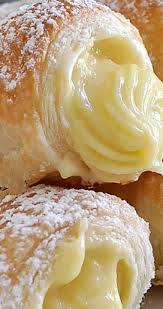 The cannoncini alla crema is a typical piedmontese sweet, incredibly popular in several northern and central italian regions. Italian Cream Stuffed Cannoncini Puff Pastry Horns Dessert Recipes Desserts Puff Pastry Recipes