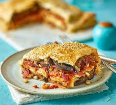 Aubergine Tomato Halloumi Pie Recipe Bbc Good Food Recipes Recipes Halloumi
