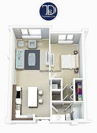 Studio, 1, 2 & 3 bedroom apartment floor plans: Modern One Bedroom 3d Floor Plans Tsymbals Design