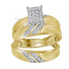 10k Yellow Gold Diamond Cluster Matching Trio His Hers Wedding Ring Band Set 1
