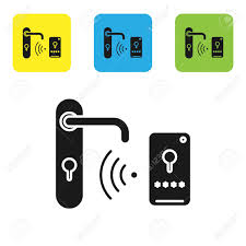 About locks and keys, and their practical job of locking and unlocking. Black Digital Door Lock With Wireless Technology For Unlock Icon Isolated On White Background Door Handle Sign Security Smart Home Set Icons Colorful Square Buttons Vector Illustration Royalty Free Cliparts Vectors And