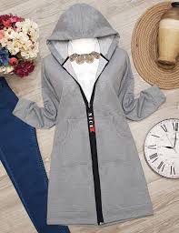 Kanguru Cepli Fermuarli Sweat Gri Kadin Tisort Stil Kiyafetler Moda Kiyafetler