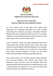 Bagi mencapai matlamat tersebut, kementerian telah menggariskan 11 anjakan yang perlu dilaksanakan seperti berikut. Jabatan Penerangan Malaysia V Twitter Kenyatan Media Kementerian Pendidikan Malaysia Tema Hari Guru Tahun 2020 Berguru Demi Ilmu Bina Generasi Baharu Sumber Kempendidikan Covid19 Kitateguhkitamenang Komunikasikita Stayathome