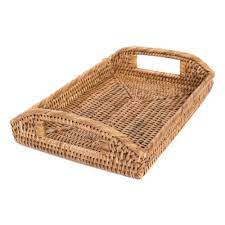 This handwoven rattan rectangular tray is perfect for entertaining or organizing papers in a home office. Woven Rattan Small Rectangular Tray With Cutout Handles Vanity Tray Woven Trays Rattan