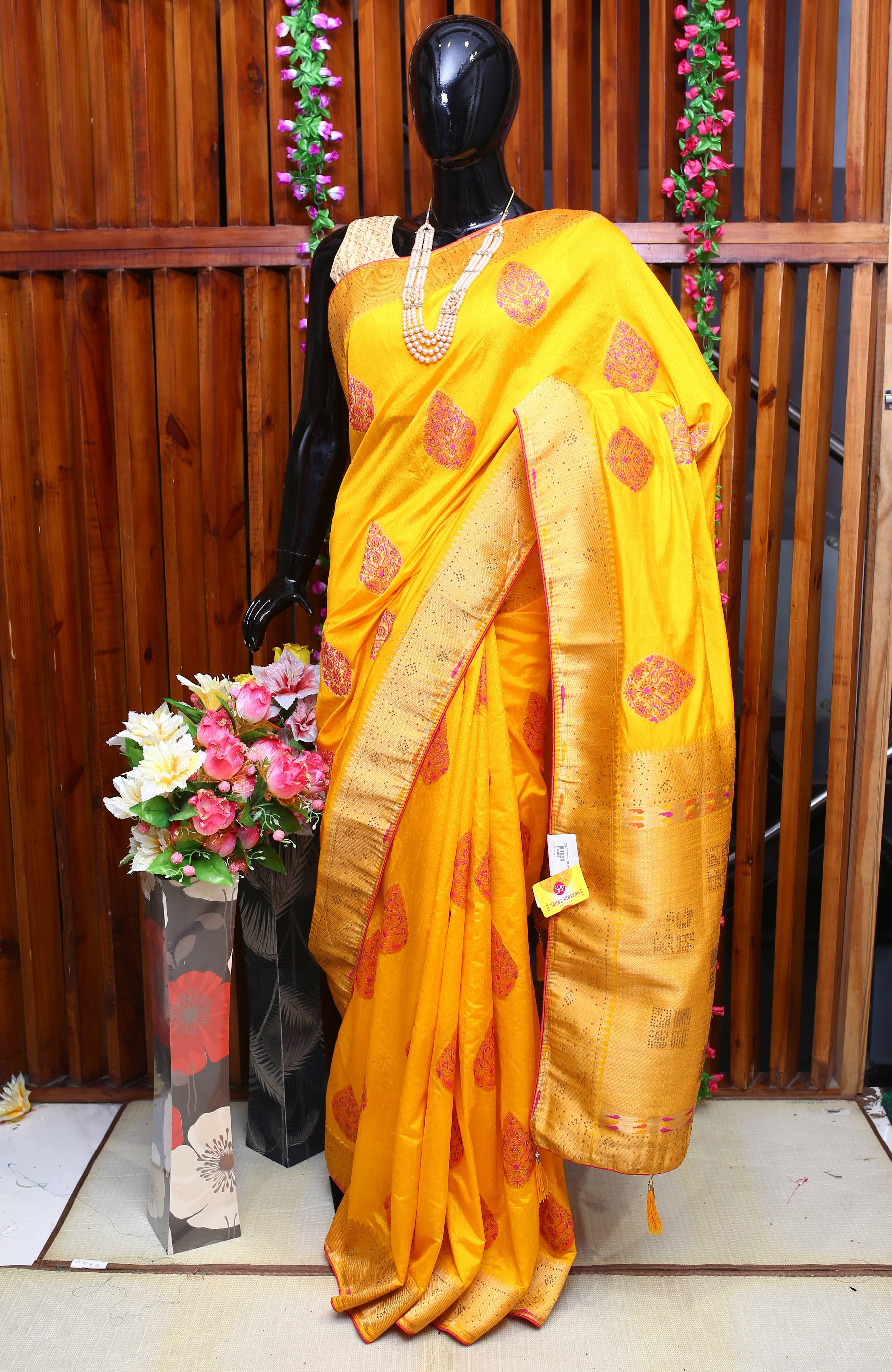 Woven art silk saree in mustard product image