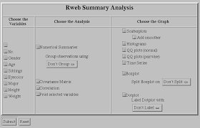 Rweb is a web based interface to r (a statistical analysis package) that takes the submitted code, runs r on the code (in batch mode), and returns the output (printed and graphical). Web Based Statistics Lecture 10 May 23 2000