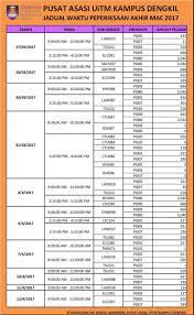 .4 december 2017 jadual waktu peperiksaan spm 2017 exam calendar tarikh pengumuman keputusan spm 2016 result release date: Hea Uitm Dengkil On Twitter Jadual Waktu Peperiksaan Jwp Akhir Mac 2017 Asasidengkil Asasiuitm Uitmdengkil Dengkilperform