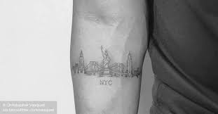 #tattoo #theshining #geometric #geometrip #armcuff #armcufftattoo #darkart. New York Skyline On The Inner Forearm