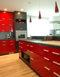 This Modern Style Kitchen Blends Graffiti Black And High Gloss Red Finish With Sleek Doors Handles And A Complimentary Stone Contemporary Kitchens
