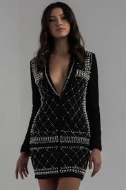 Akira Black Label Long Sleeve Long Collar Plunging Zip Front Pearl Beaded Blazer Dress In Black Blazer Dress Dresses Funky Outfits