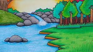 Lukisan yang menggambarkan pemandangan hutan ini tak kalah sejuk. Menggambar Pemandangan Sungai Dan Hutan Menggambar Air Terjun Dan Sungai Youtube