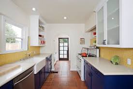 Galley Kitchen Navy Blue Cabinets Stainless Steel Appliances Farmhouse Sink Yellow Backspl Eclectic Kitchen Terracotta Tiles Kitchen Navy Blue Kitchen Cabinets