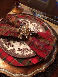 Birds Of A Feather Williamsburg Menu Christmas Dinner Tablescape Placesetting Tartan Plaid Paisley Chocolate Brown Gold Silver Birds Tartan Christmas Plaid Christmas Tablescapes