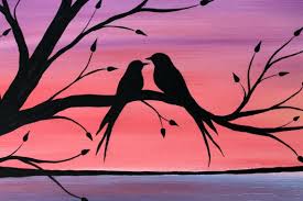 Original Abstract Acrylic Painting On Canvas Beneath The Twilight Two Love Birds Tree Branch Lake Sunset Coral Purple Blue Water Summer Eve Abstract Painting Acrylic Acrylic Painting Canvas Silhouette Painting