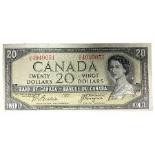 1954 Bank Of Canada 20 Dollar Bill Note Devils Face Variety Fine