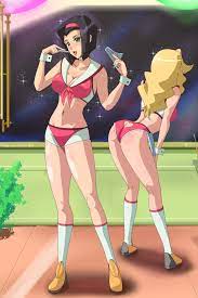 faye valentine, honey (space dandy), cowboy bebop, space dandy, 10s, 1990s  (style), 2girls, ass, ass cutout, black hair, blonde hair, blush, boobies  uniform, butt crack, clothing cutout, cosplay, female focus, green eyes,