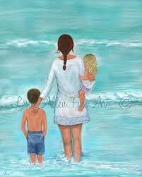 Mother Son Daughter Art Print Family Beach Art Mother Kids Children Art Beach Theme Ocean Beautiful Beach Day L Mother And Child Painting Mother Art Mom Art