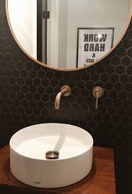 Hexagon Matte Black Tile Backsplash With Brass Fixtures And Faucet Toto Vessel Round Sink Matte Black Bathroom Fixtures Matte Black Bathroom Vanity Backsplash