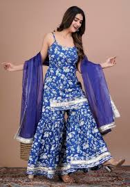 Floral Mirror Work Kurta, Sharara and Dupatta Set