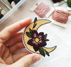 Embroidery Patch Moon And Flowers Patch Handmade Patch Embroidered Patches Embroidery Patches