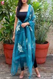 Plain black suit with black capri and paired with multi block printed dupatta 33 Black Suit With Contrast Dupatta Ideas Black Suits Black Suit Designs Global Dress