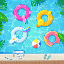 Swimming Pool With Colorful Floats Top View Vector Illustration Pool Art Children Illustration Unicorn Inflatable Pool
