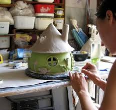 Fairy House Green Roofed Fairy Kavanoz Elisi Seramik Sanati Masal Evleri