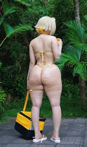 chochomi, peachuu244, elegg (nikke), goddess of victory: nikke, real life,  cosplay photo, highres, photo (medium), 1girl, 2024, alternate costume,  ass, bag, bare shoulders, bikini, blonde hair, breasts, bush, can,  cellulite, colored inner