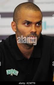 Tony Parker and Gaetan Muller hold press conference at 2015 TP summer Camp,  in Villeurbanne, France Stock Photo