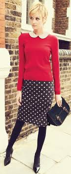 Black And White Polka Dot Skirt Outfit Red Knit With White Peter Pan Collar Paired With Black And White Polka Dotted Pencil Skirt Fashion Dot Skirt Outfit Pencil Skirt Outfits