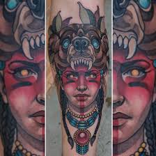 This video was one session, start to finish. Neotraditional Native Lady Face With Bear Headdress By Me Logan Bramlett Wanderlust Tattoo So Neotraditional Tattoo Animal Bear Headdress Bear Headdress Tattoo
