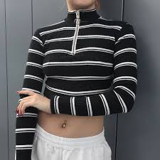 Black And White Striped Long Sleeve Shirt Outfit Black White Striped Long Sleeve Crop Top Sweater For Women Zipper Shirt T Shirt Crop Top Outfits Long Sleeve Tshirt Women Crop Tops Women