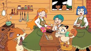 kireji naosu, butch (pokemon), cassidy (pokemon), drowzee, james (pokemon),  meowth, raticate, sableye, creatures (company), game freak, nintendo,  pokemon, pokemon (anime), pokemon journeys, highres, 1girl, 2boys, apron,  blonde hair, blue hair, closed eyes,