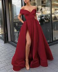 Elegant Yellow Wine Red Off The Shoulder Satin A Line Formal Long Gowns For Prom Pl6741 Trendy Prom Dresses Burgundy Prom Dress Prom Dresses With Pockets