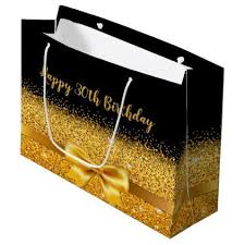 30th Birthday Goodie Bag Ideas 30th Birthday On Black With Gold Bow Sparkle Large Gift Bag Zazzle Com With Images Large Gift Bags Custom Gift Bags Party Gift Bags